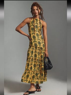 Anthropologie Farm Rio Satin Halter Dress Size XS Petite Gold Animal Floral